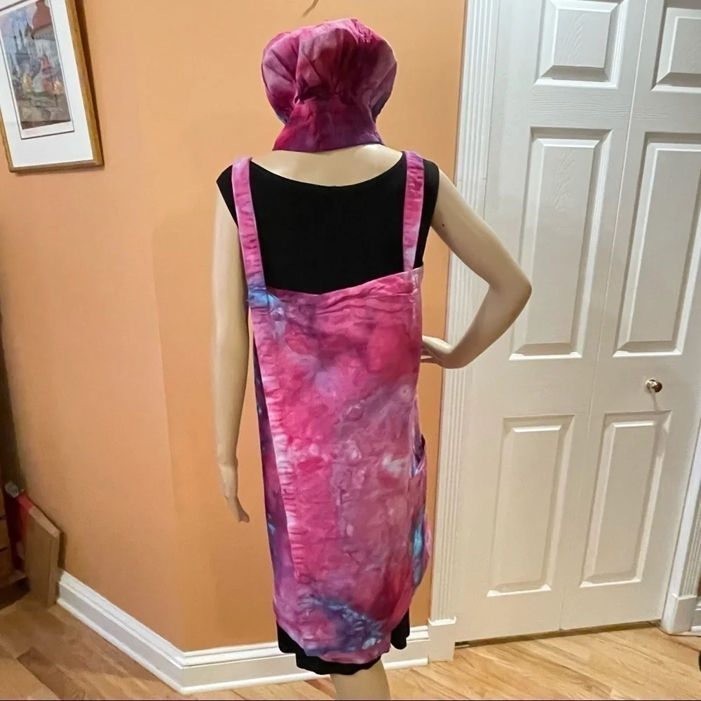 Tie Dye large Japanese wrap around apron  matching toque chef's hat purple blue